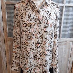 White House Black Market Whit,  Black And Tan Floral Blouse Size 8
